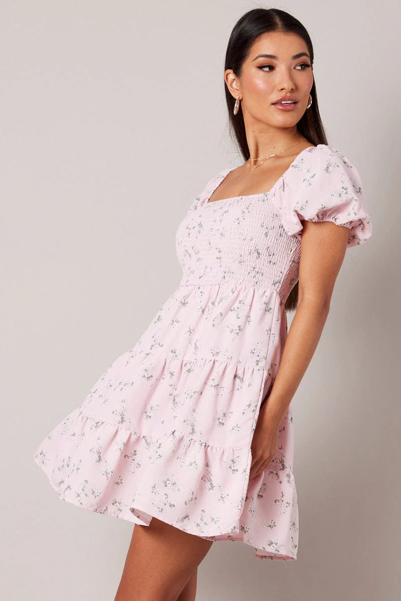 Pink Floral Fit And Flare Dress Puff Sleeve