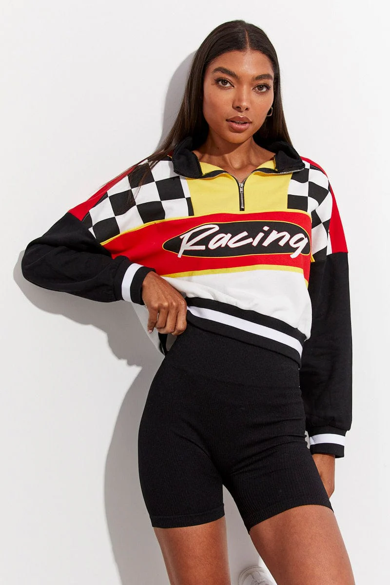 Red Sweater Racing Long Sleeve Half Zip Check