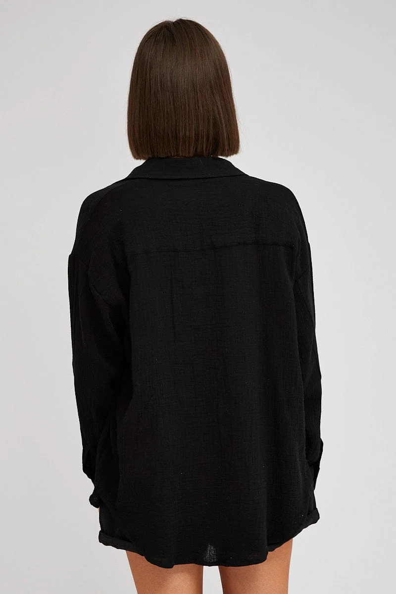 Black Oversized Shirt Long sleeve Collared Neck