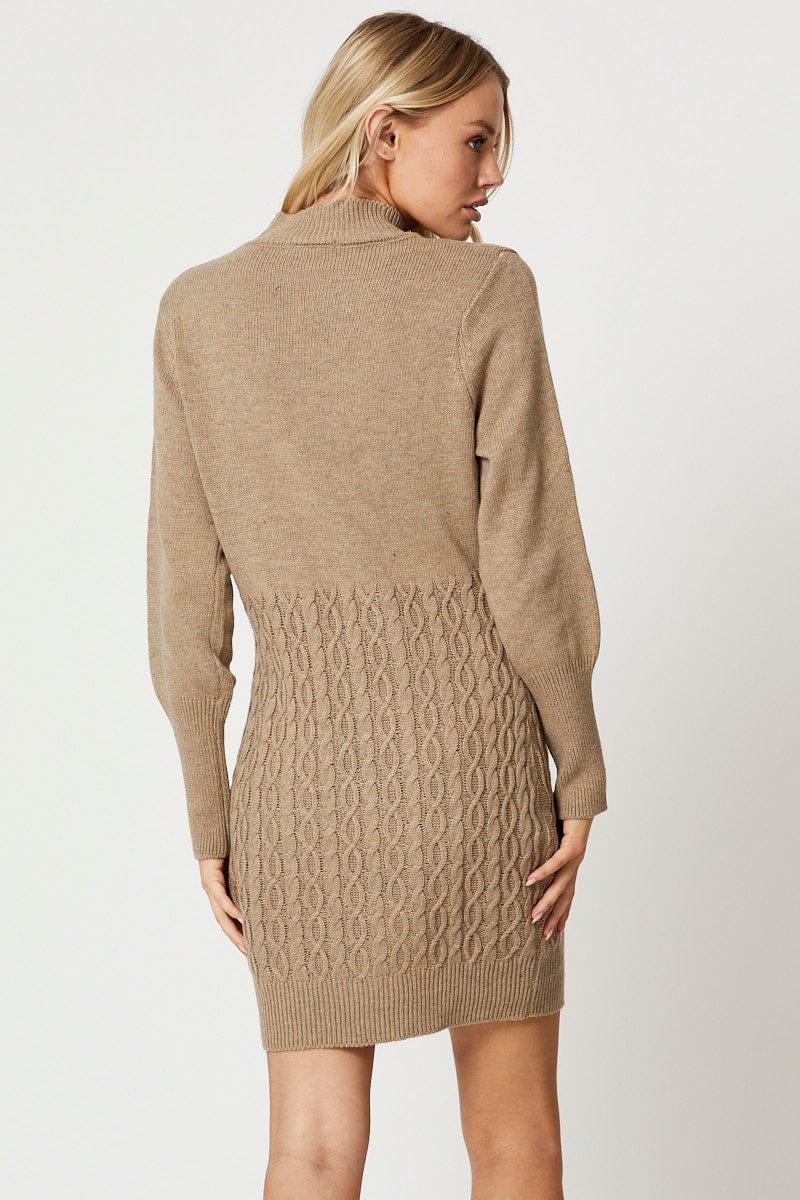 Beige Knit Dress Long Sleeve Mini