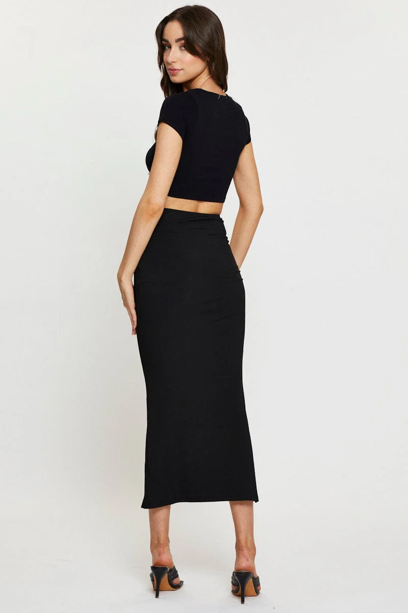Black Midi Skirt Rig Detailed Ribbed Jersey