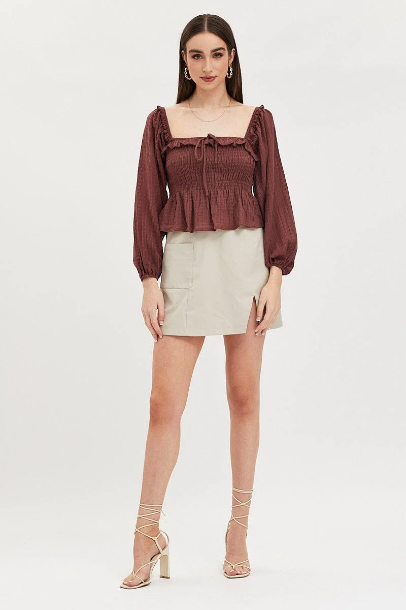 Brown Peplum Top Long Sleeve Semi Crop