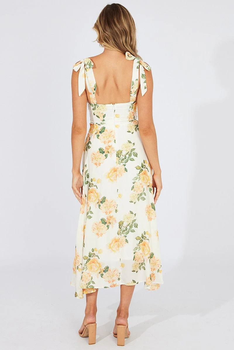 Yellow Floral Midi Dress Sleeveless Tie Shoulder
