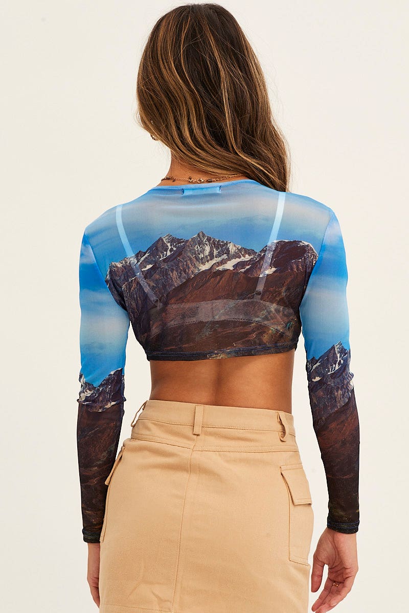 Blue Print Abstract Mesh Crop Top Long Sleeve