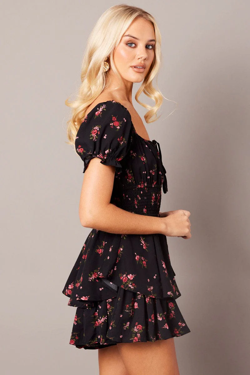 Black Ditsy Playsuit  Short Sleeve