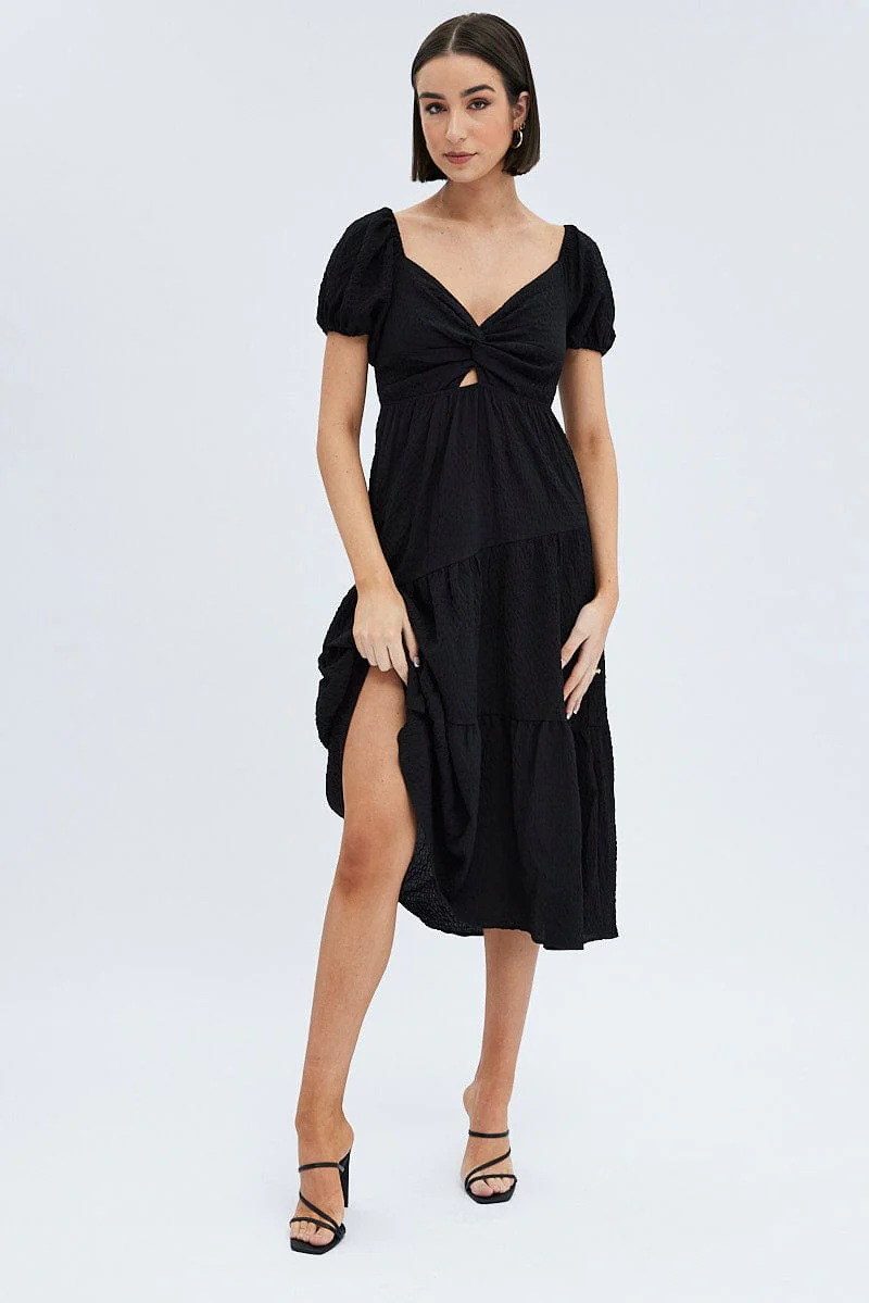 Black Midi Dress Short Sleeve Cut Out