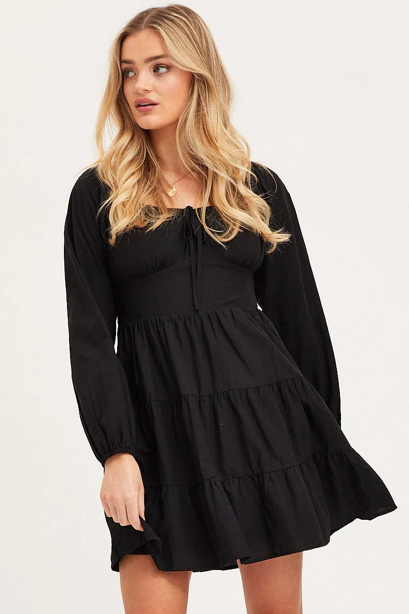Black Fit And Flare Dress Long Sleeve Square Neck