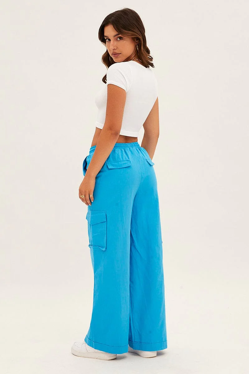 Blue Cargo Pant Wide Leg Elastic Waist Cotton Twill