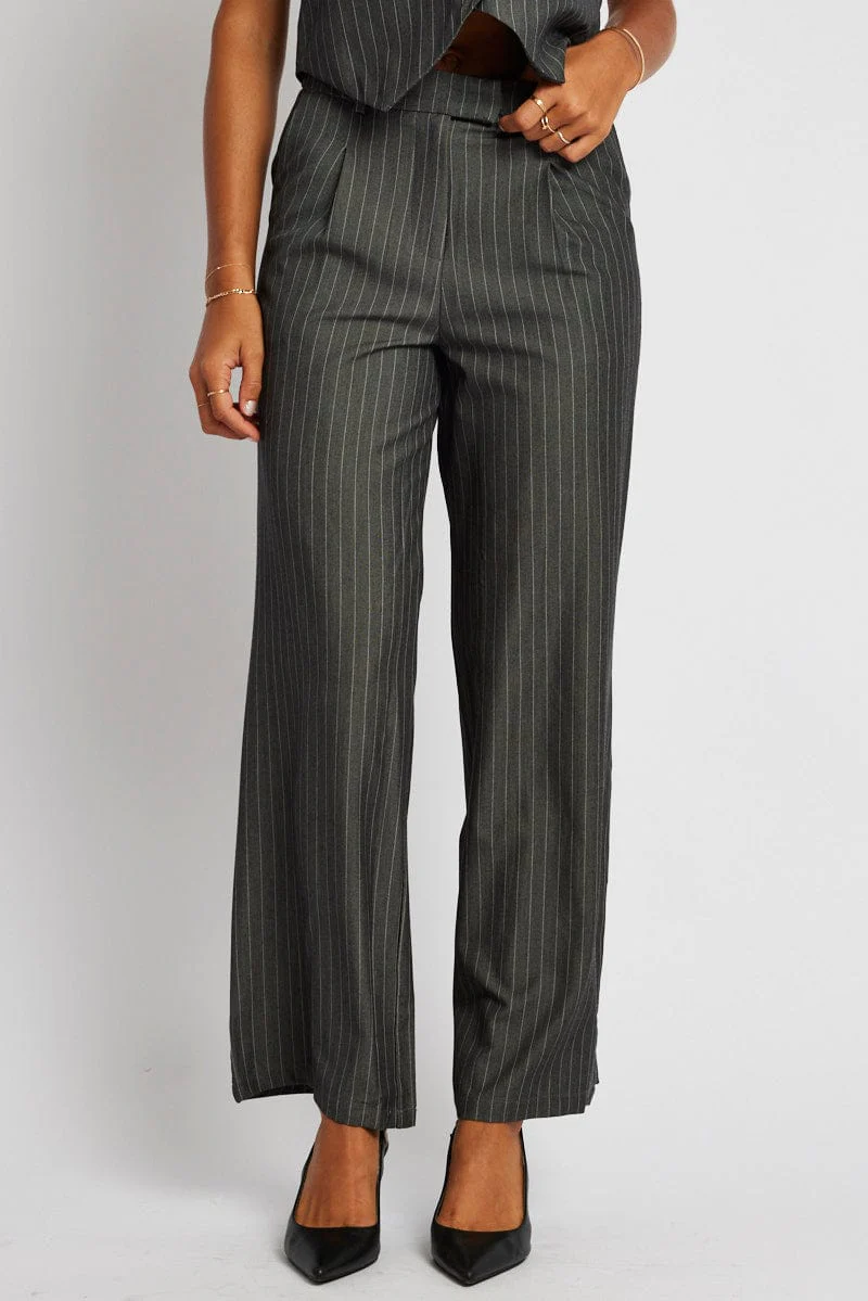Grey Stripe Wide Leg Pants High Rise
