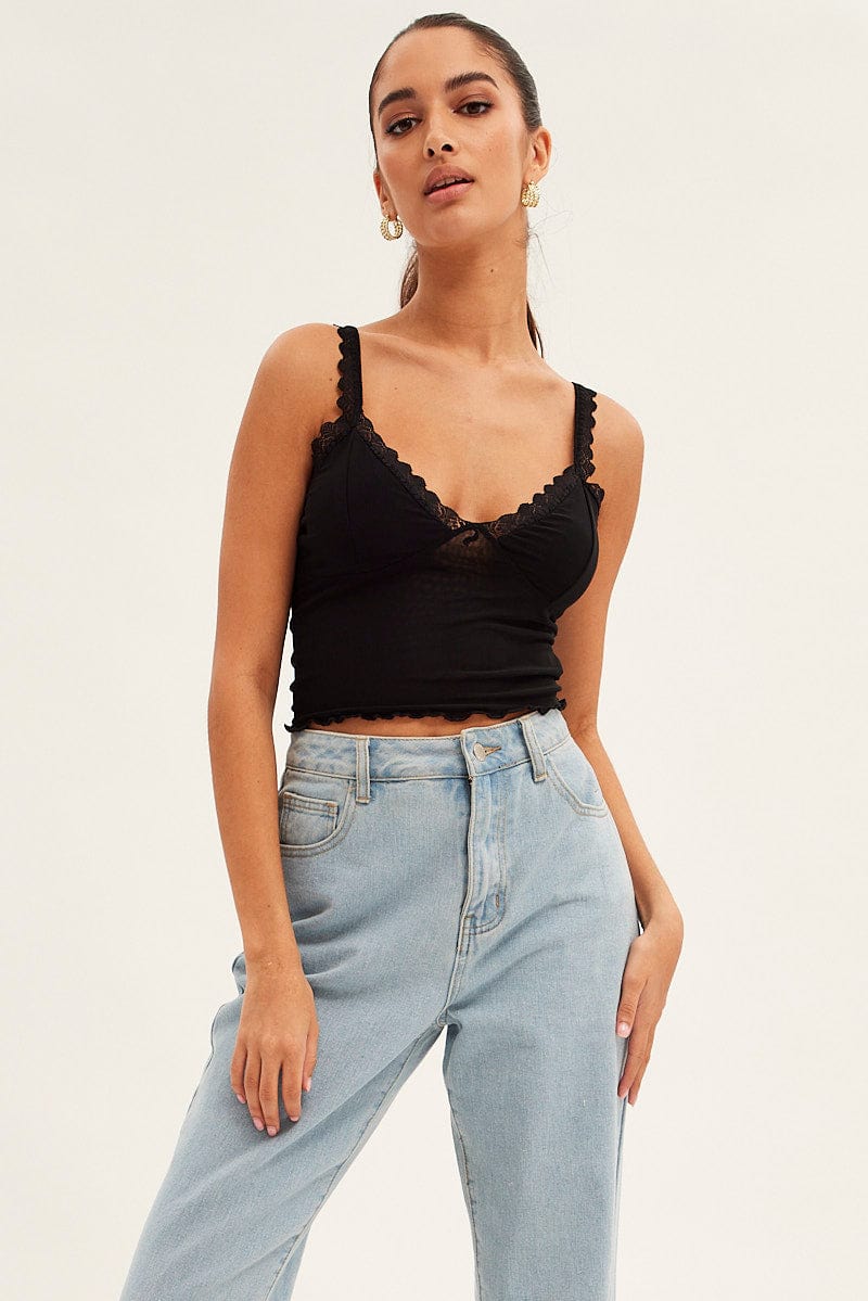 Black Mesh Lace Trim Cropped Cami