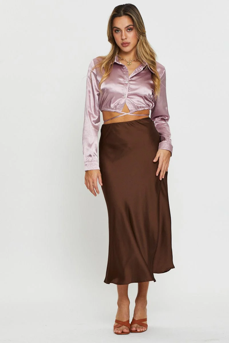 Pink Wrap Blouse Long Sleeve Collared Satin