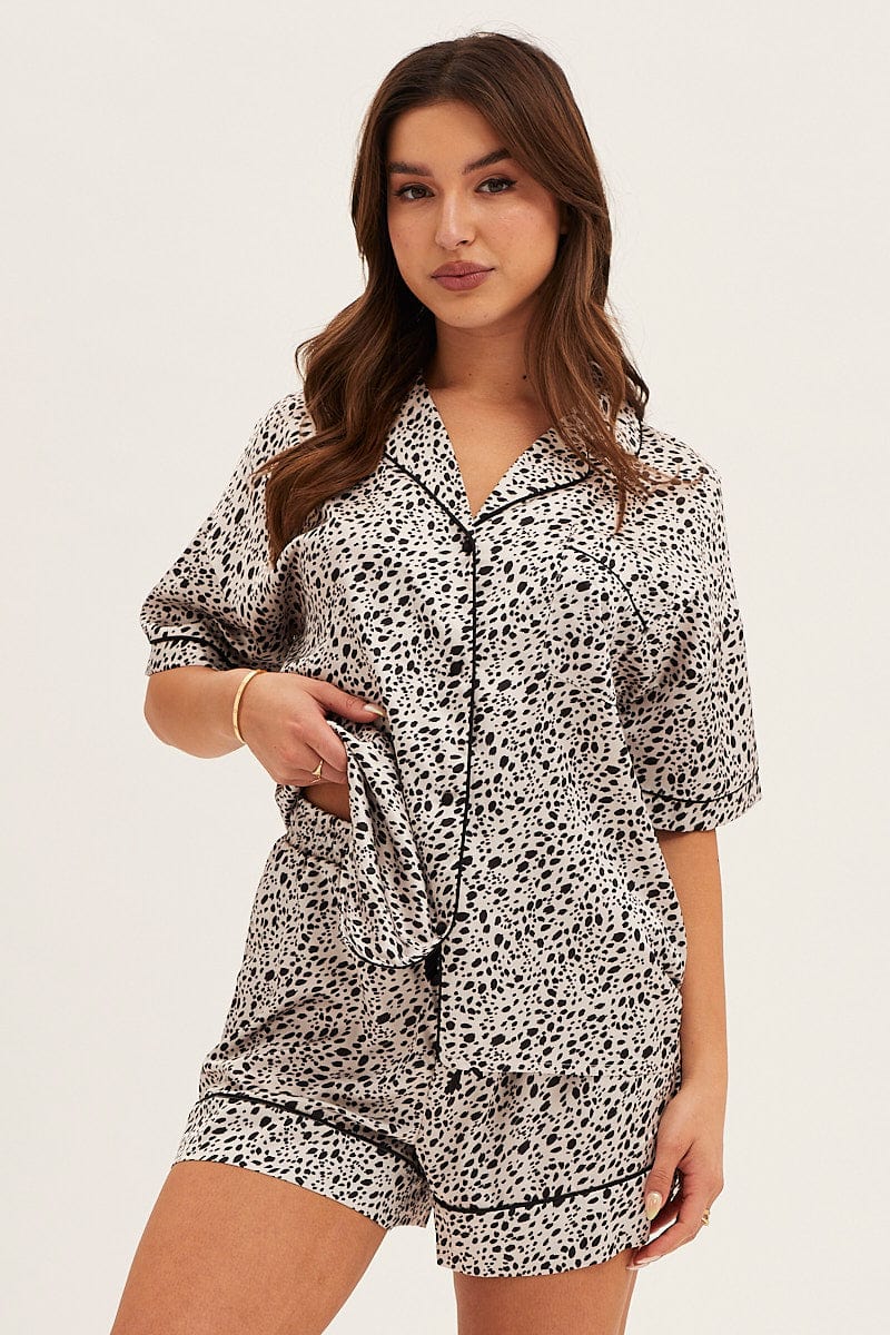 Print Satin Short Sleeve Top & Shorts Pj Set