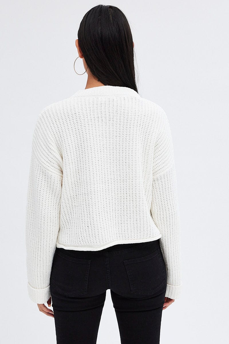 White Knit Jumper Round Neck Chenille