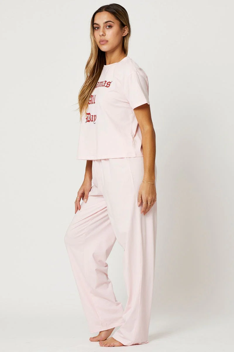 Pink Slogan Long Leg Pyjama Set