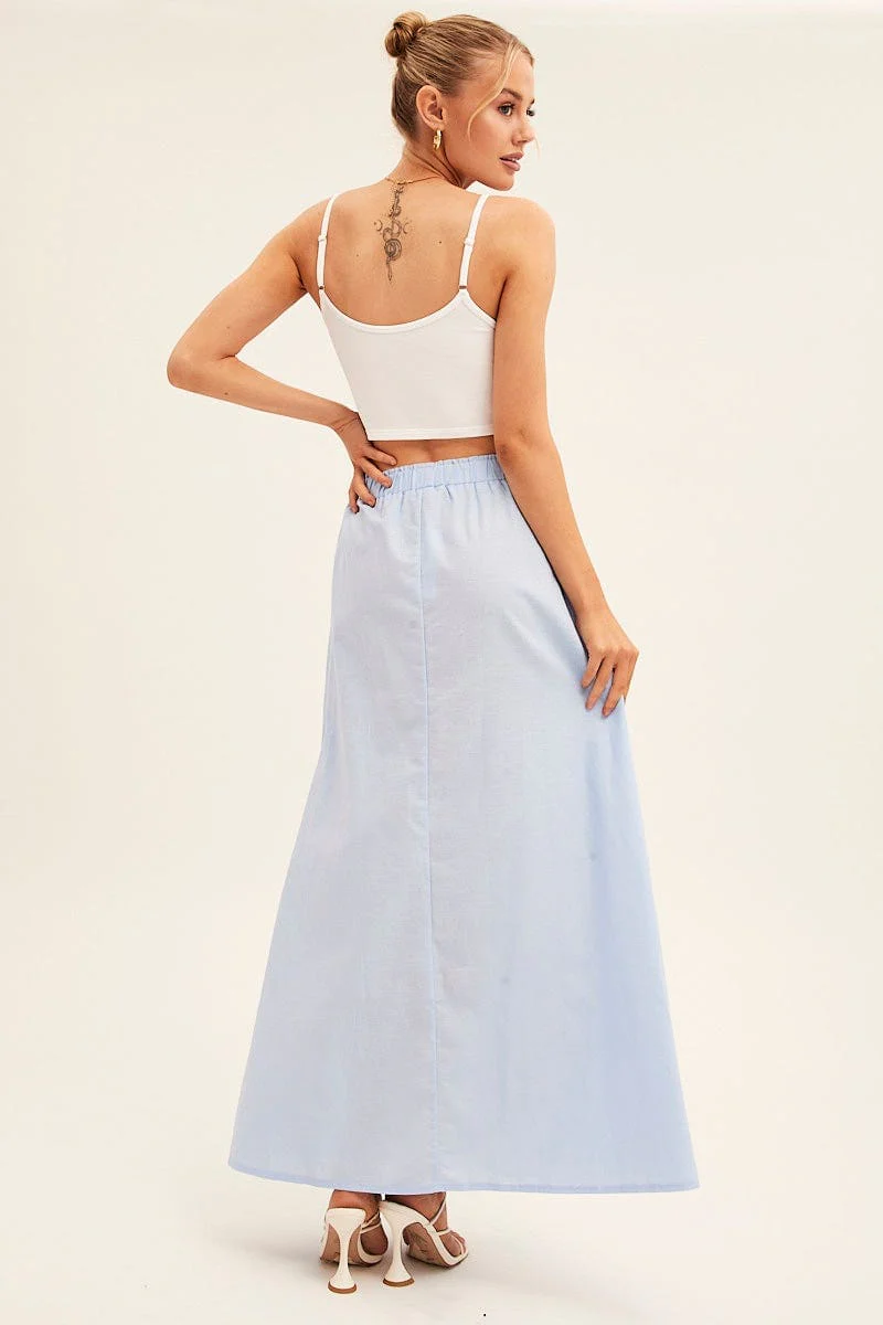 Blue Maxi Skirt Linen Blend Side Split