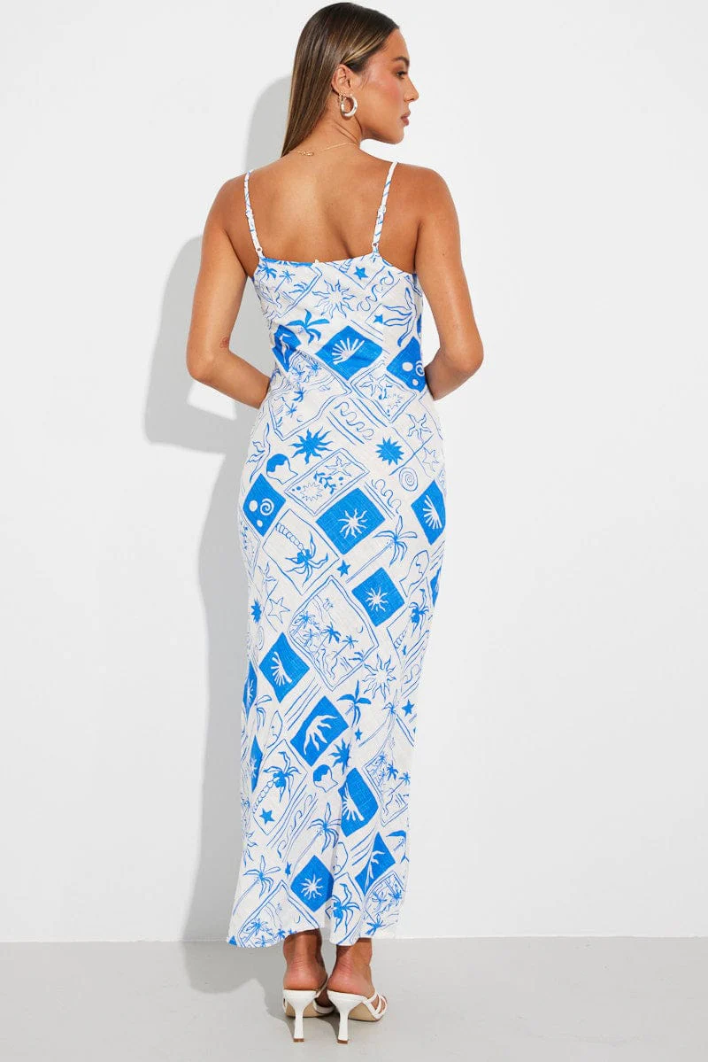 Blue Print Maxi Dress Bias Cut Linen Blend