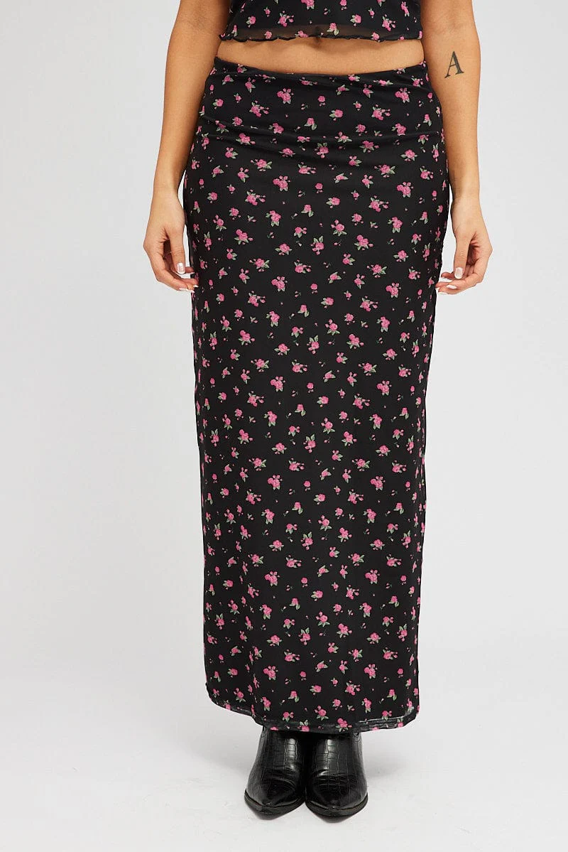 Black Floral Maxi Skirt Pencil High Rise Mesh