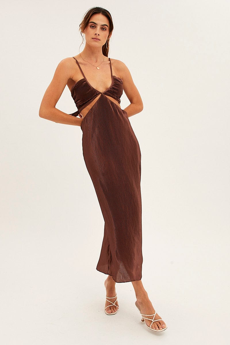 Brown Plisse Midi Dress Tie Back