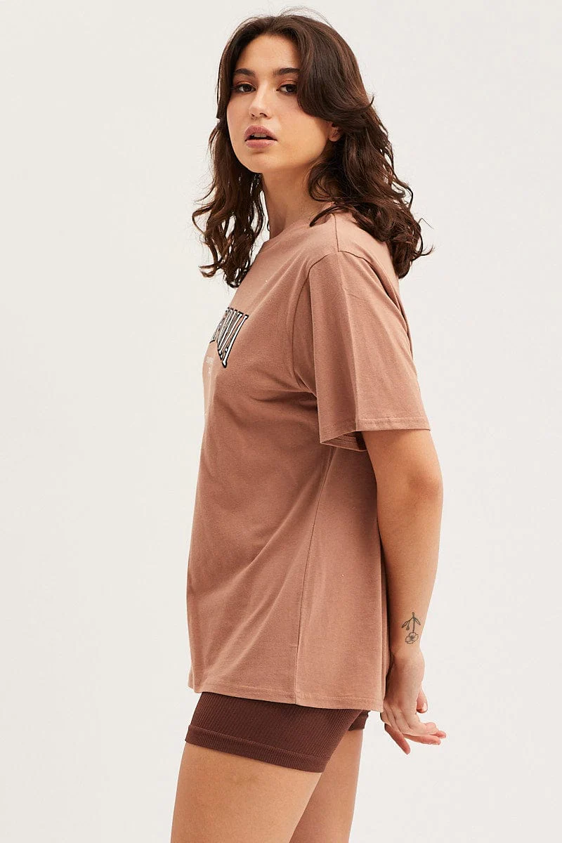 Brown Graphic T Shirt Embroided