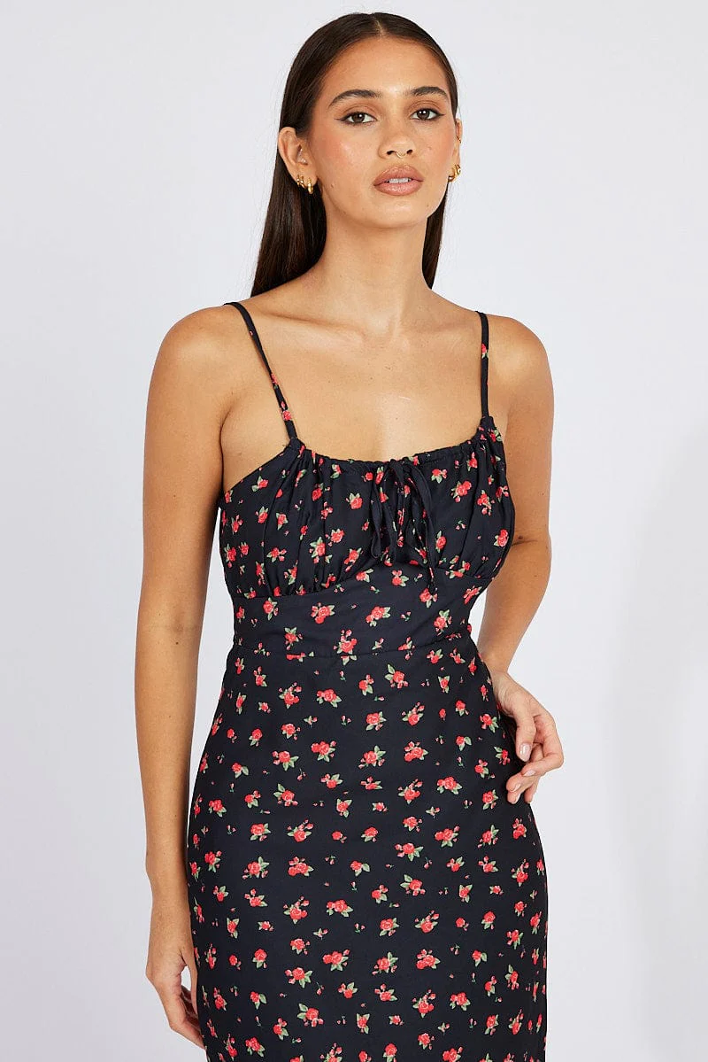 Black Floral Midi Dress Gathering Bust Sleeveless