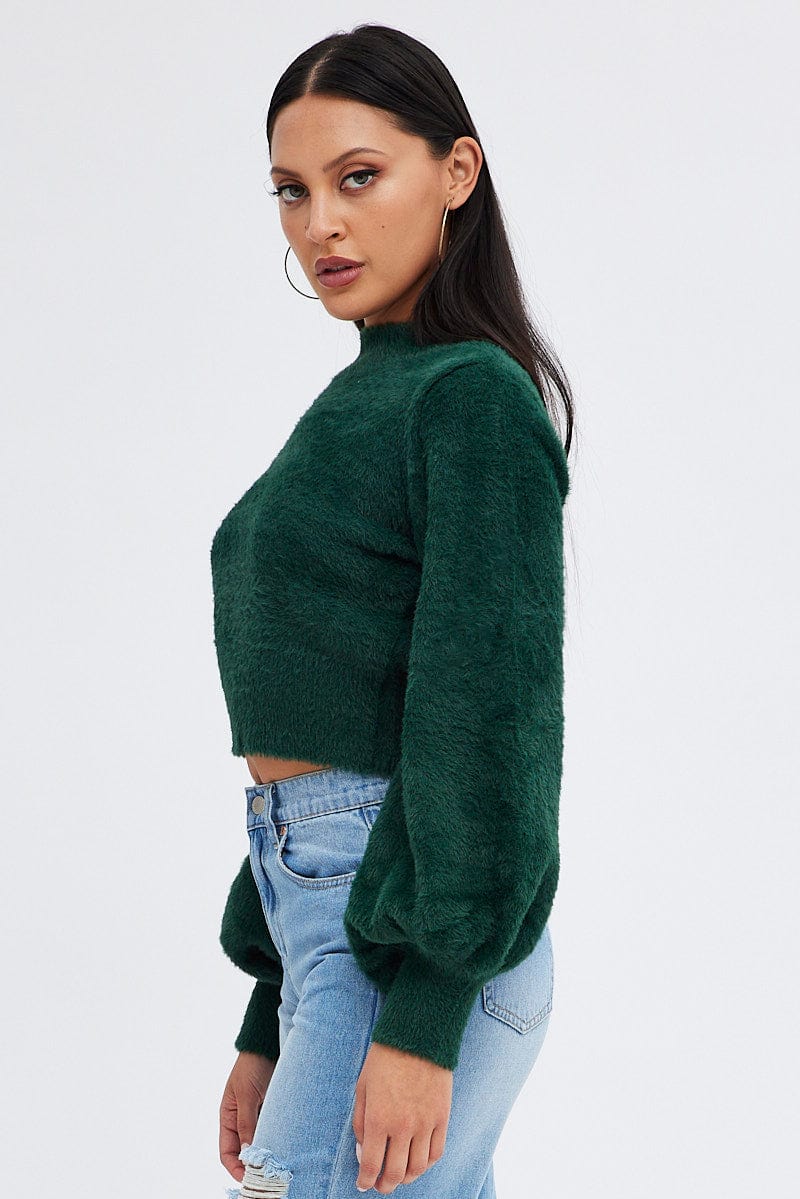 Green Fluffy Knit Jumper Long Sleeve