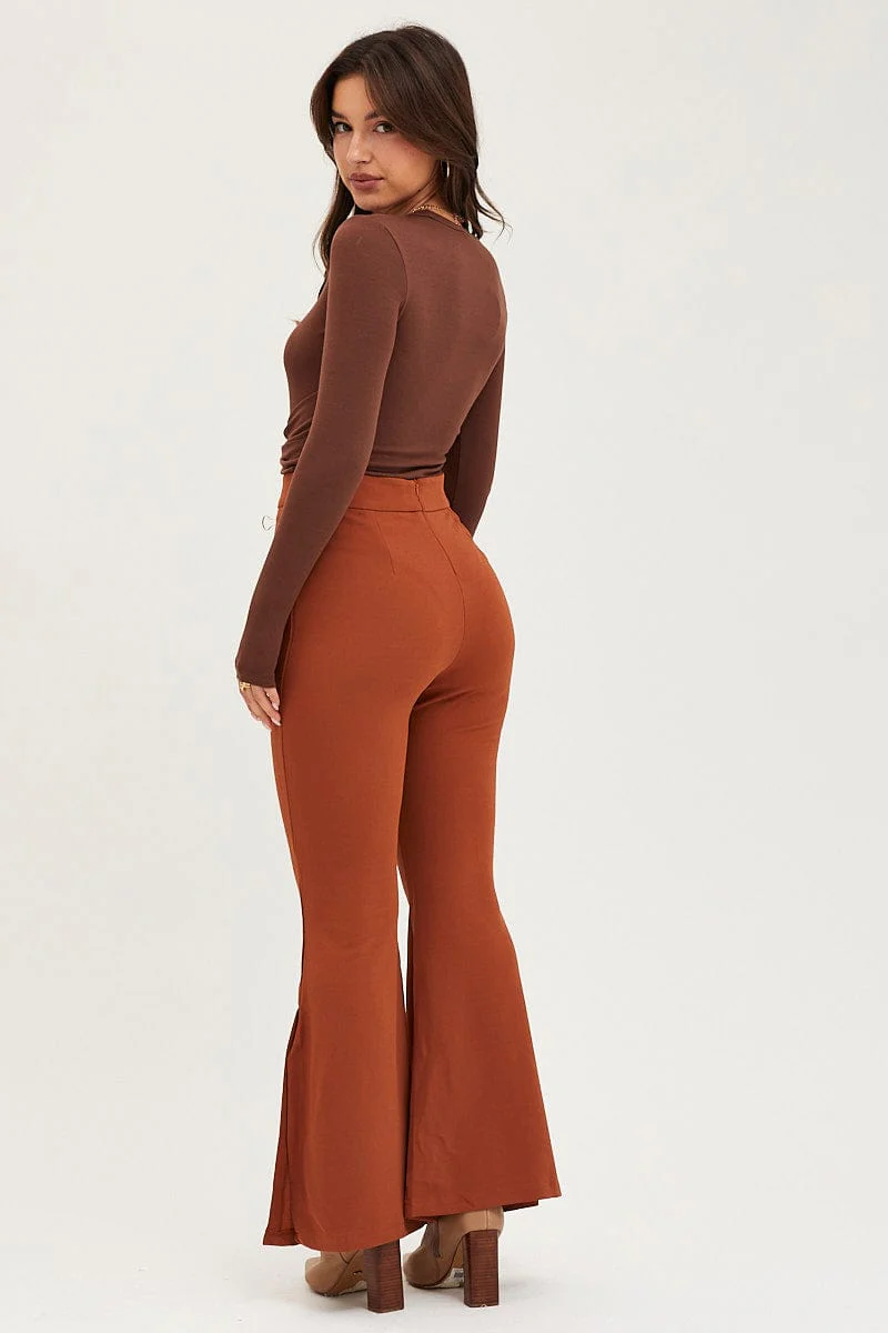 Brown Flare Pants High Rise