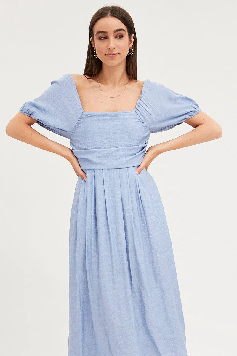 Blue Midi Dress Evening Square Neck