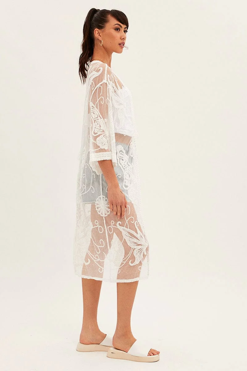 White Tie Front Embroidered Kimono