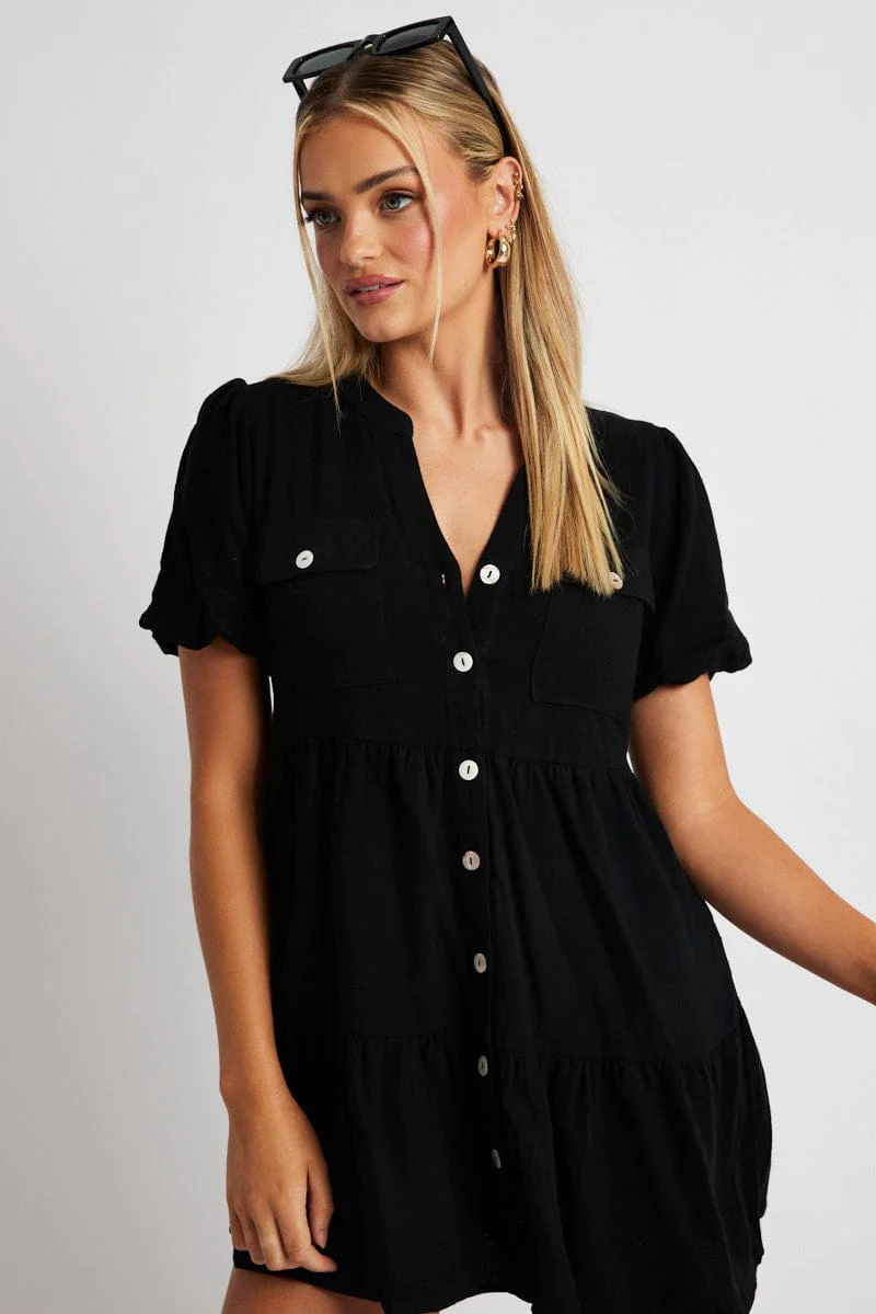 Black Button Through Mini Dress Collar Linen Blend