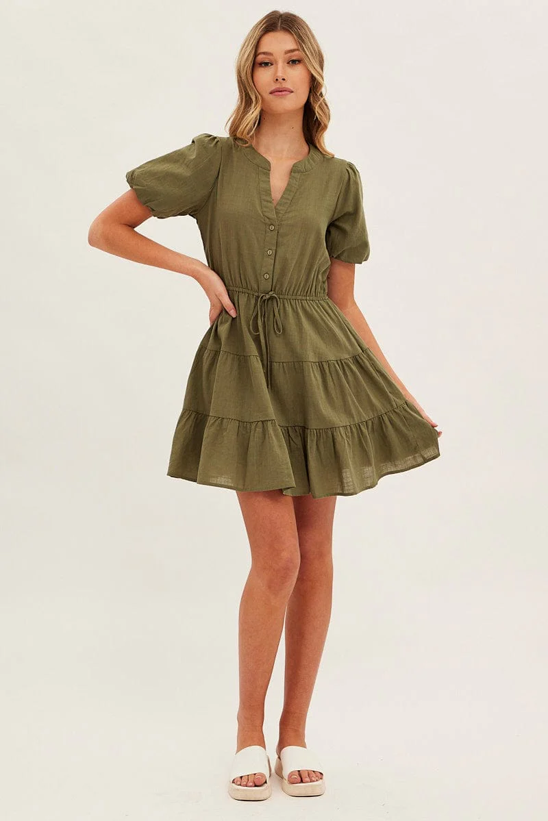 Green Shirt Dress Short Sleeve V-Neck Tiered