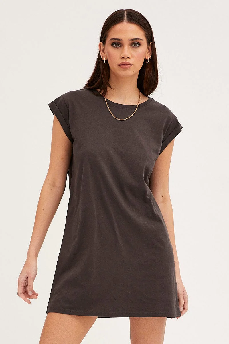 Grey T-Shirt Dress Crew Short Sleeve Graphic