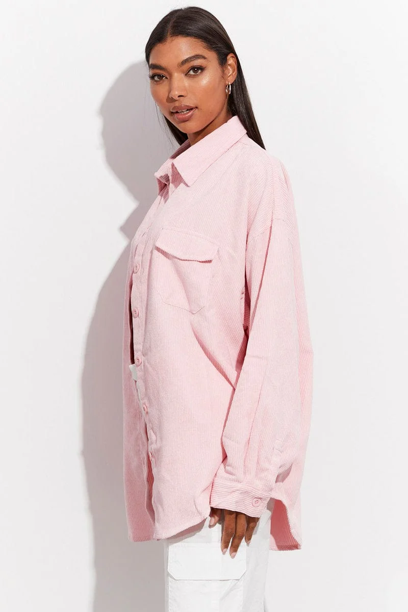 Pink Corduroy Shirt Long Sleeve Collared Neck