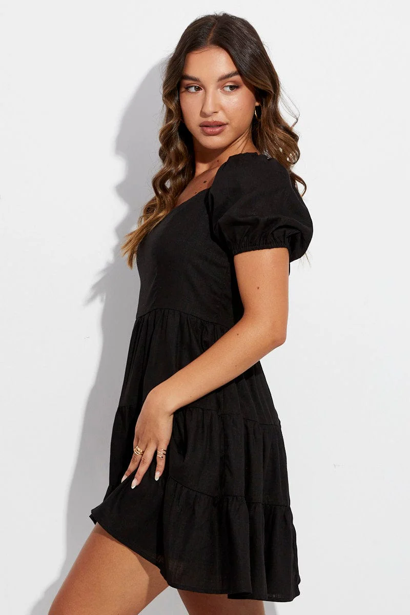 Black Skater Dress Short Sleeve Tiered