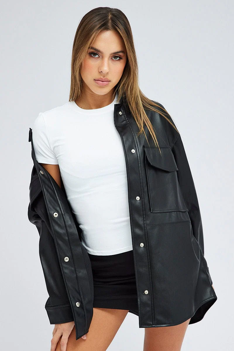 Black Shirt Collar Long Sleeve Faux Leather
