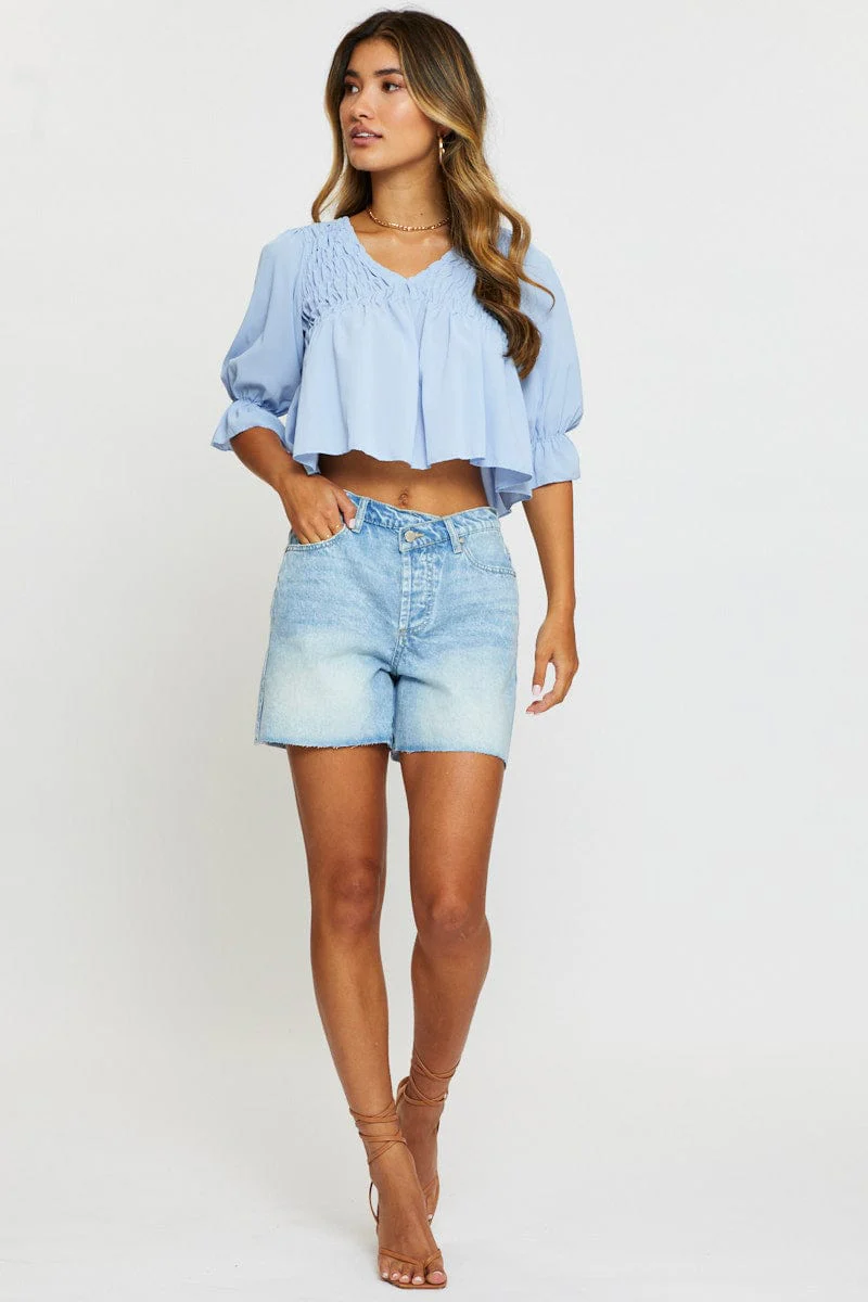 Blue Crop Blouse Short Sleeve Round Neck