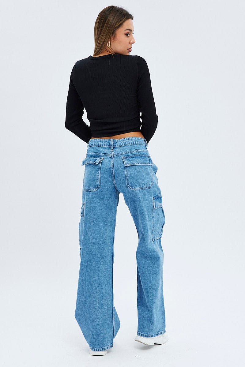 Denim Cargo Jeans Mid Rise Out Pocket