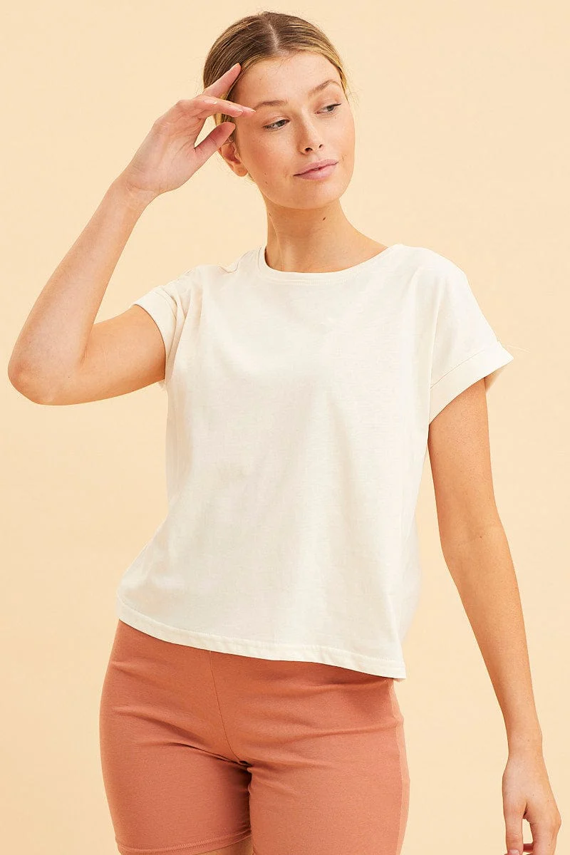 White Cropped T-Shirt Crew Neck Roll Sleeve Cotton