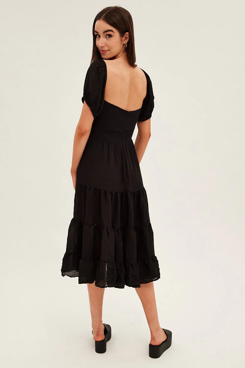 Black Midi Dress Short Sleeve V-Neck