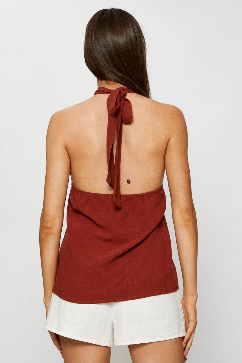Brown Halter Top Sleeveless Tie Up