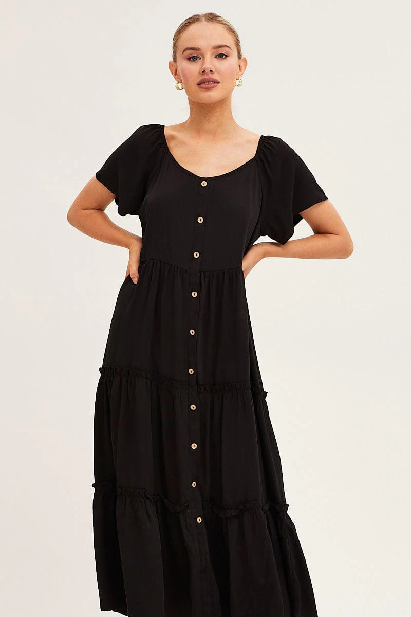 Black Button Short Sleeve Maxi Dress