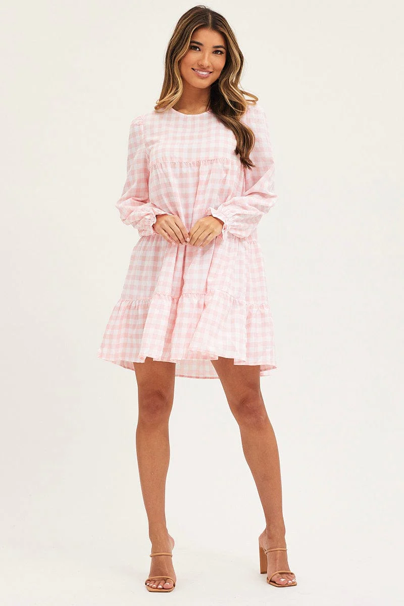 Check Mini Dress Long Sleeve Round Neck