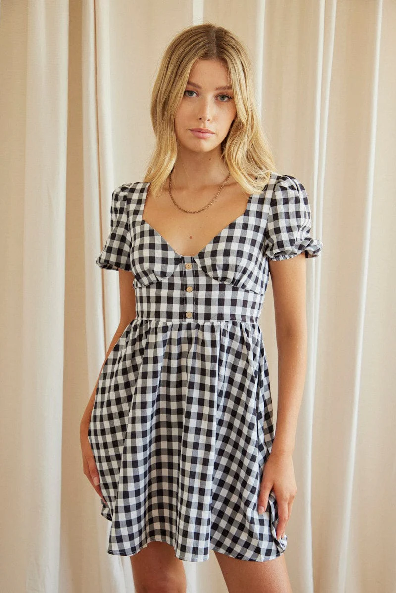 Check Mini Dress Short Sleeve Sweetheart Neckline