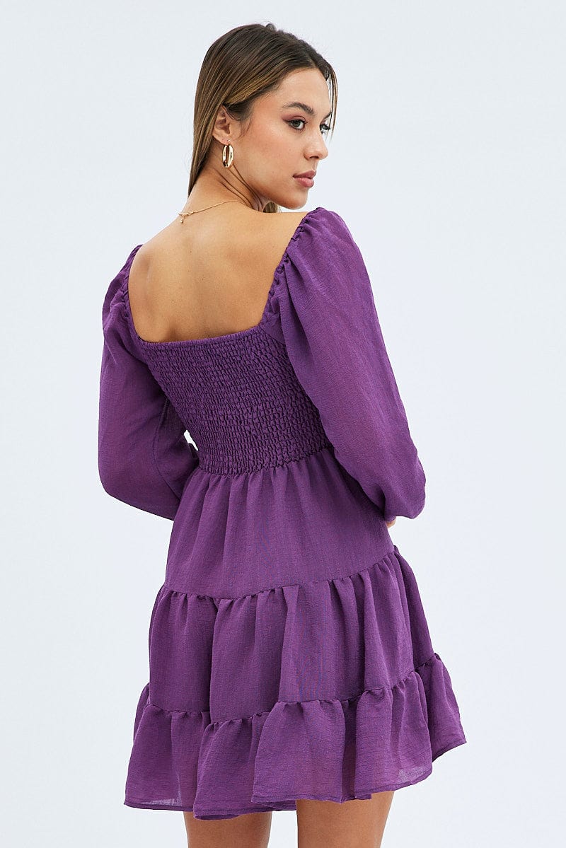 Purple Fit and Flare Dress Long Sleeve Tiered
