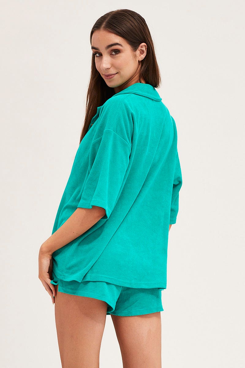 Green Lounge Top Short Sleeve Oversized Terry