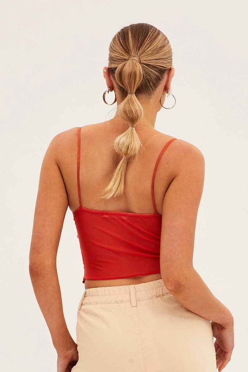 Orange Lace Trim Mesh Cami Top