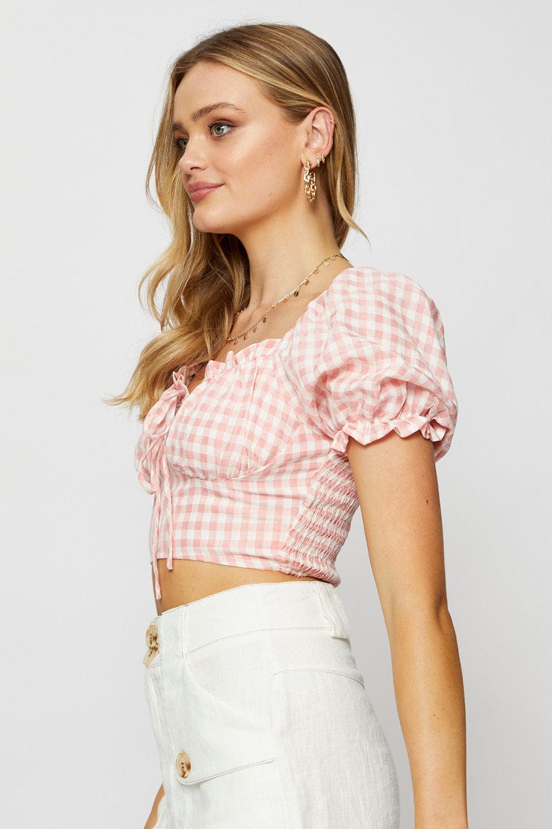 Check Crop Top Long Sleeve Sweetheart