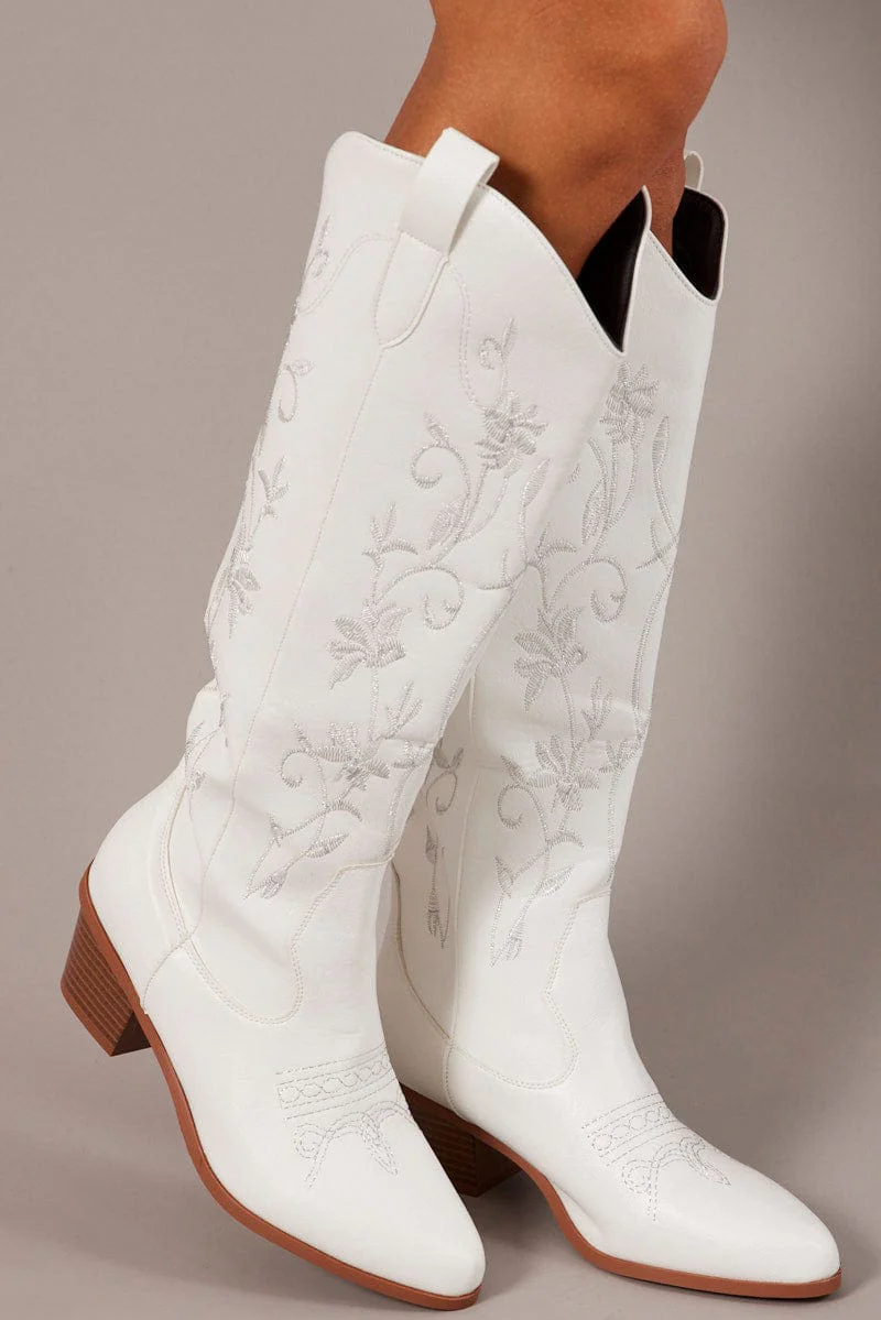 White Embroidered Western Boots