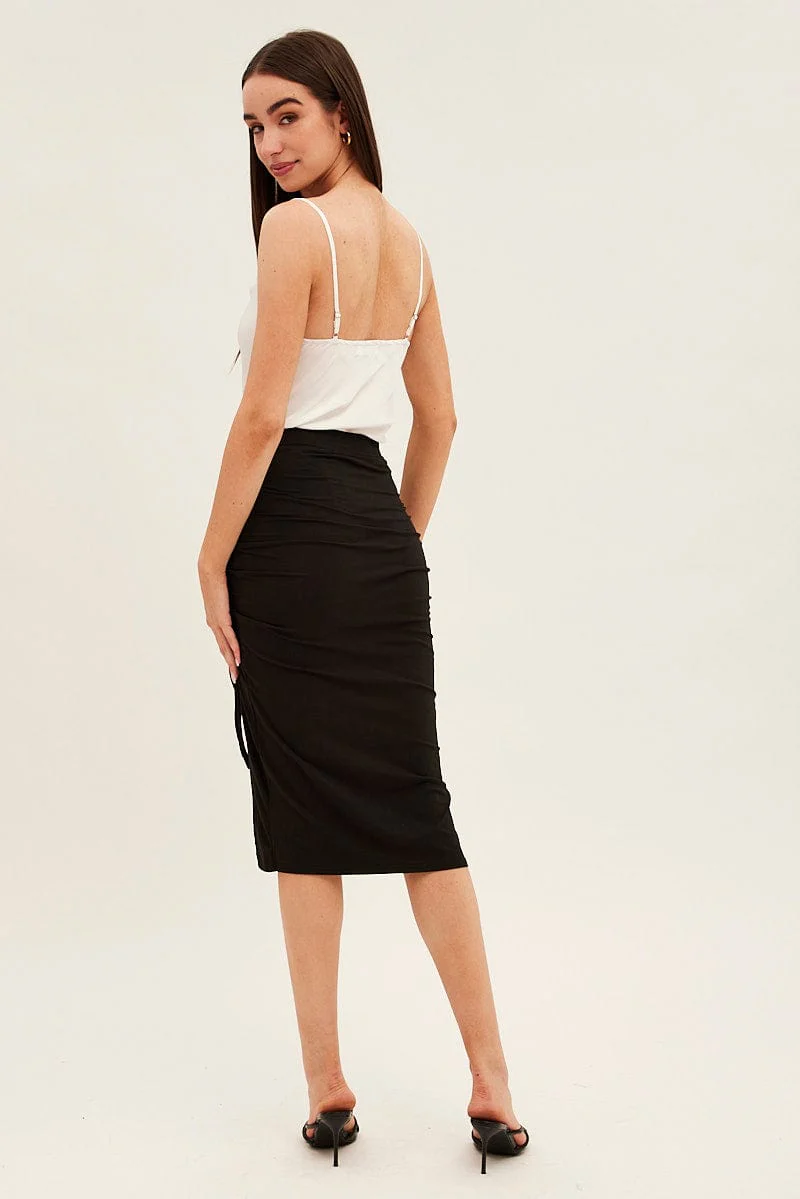 Black Ruched Midi Skirt