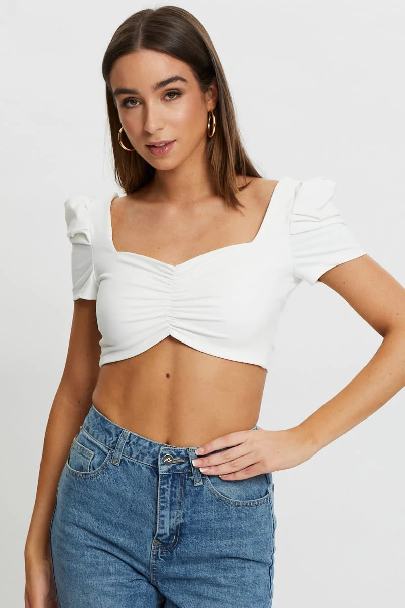 White Puff Sleeve Tie Back Top