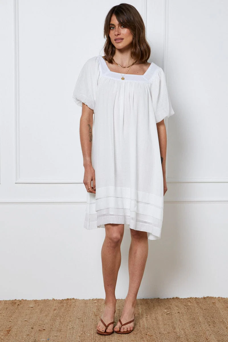 White A Line Dress Short Sleeve Round Neck